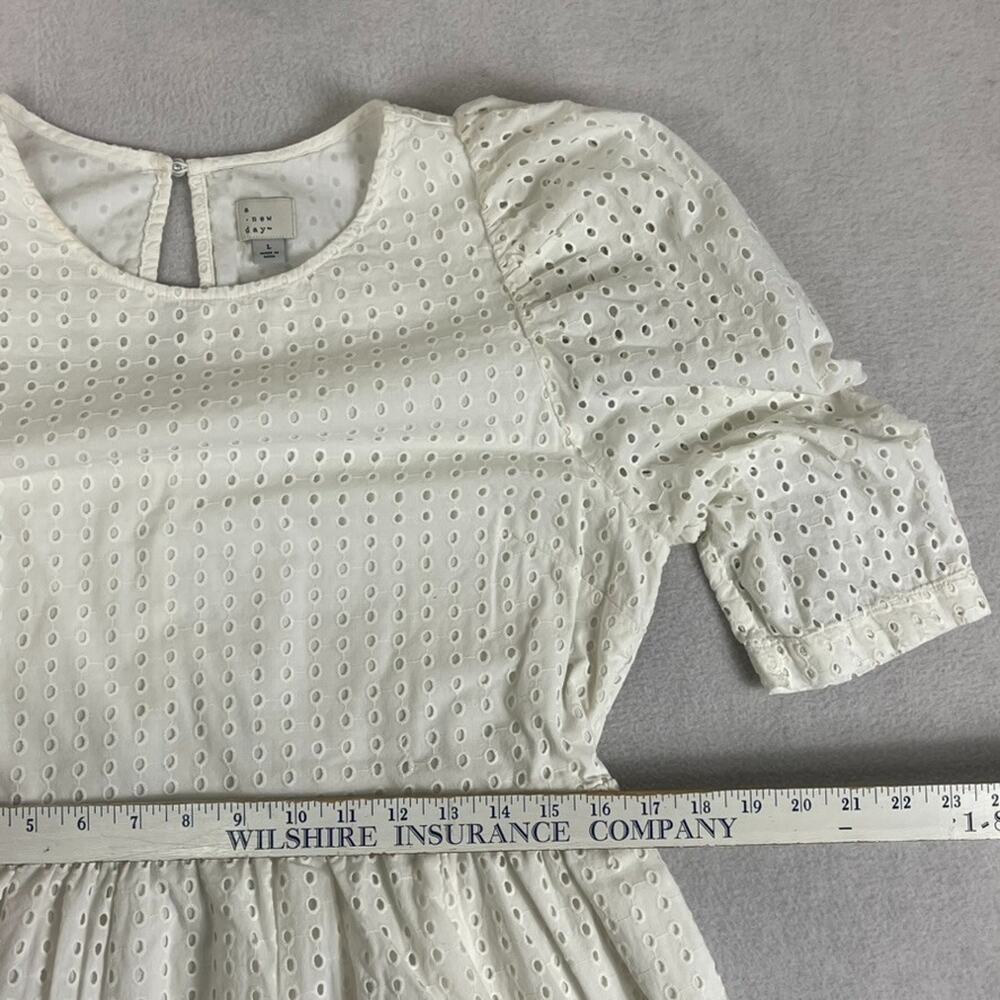 A New Day Midi Dress Large White Eyelet Puff Sleeve Lined Romantic Cotton A-Line - Picture 4 of 6